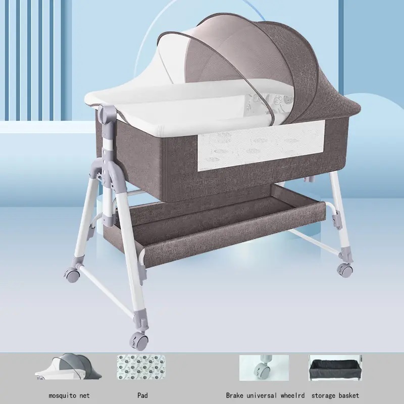 Baby Bedside Sleeper with Wheels Bedside Bassinet for Newborn and Infant with Mattress and Storage Basket | Adjustable Height & Angle Co Sleeper Grey